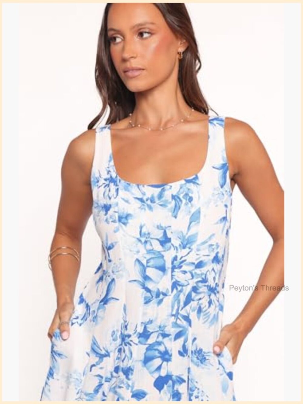 Midi Dress with Square Neck and Floral Pattern, Sleeveless, A-Line, Back Zip - Picture 3 of 3